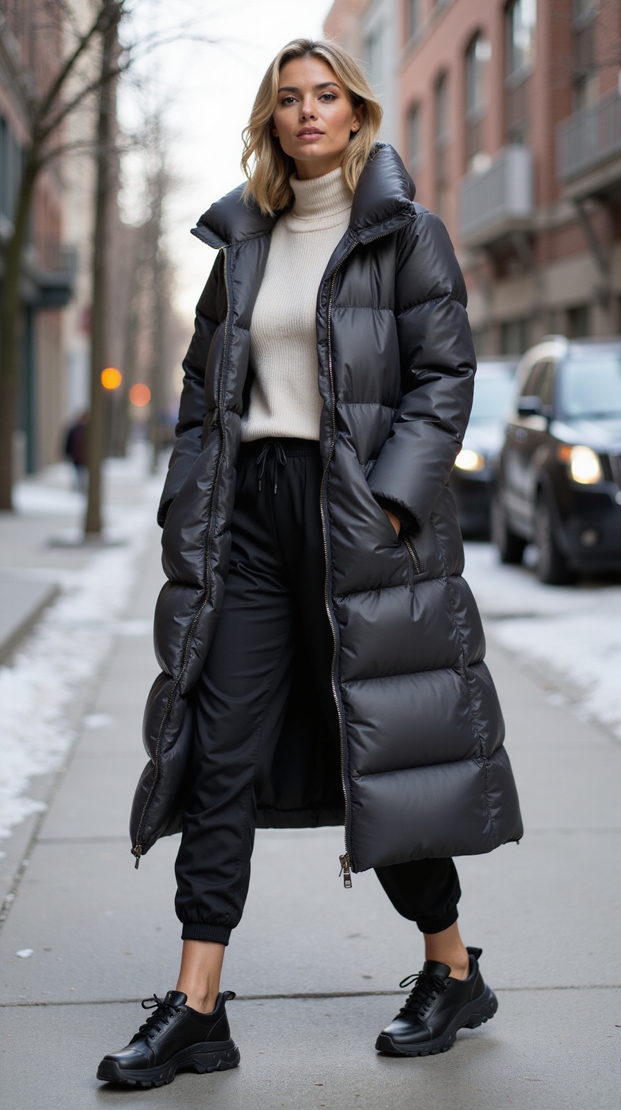 longline puffer with joggers