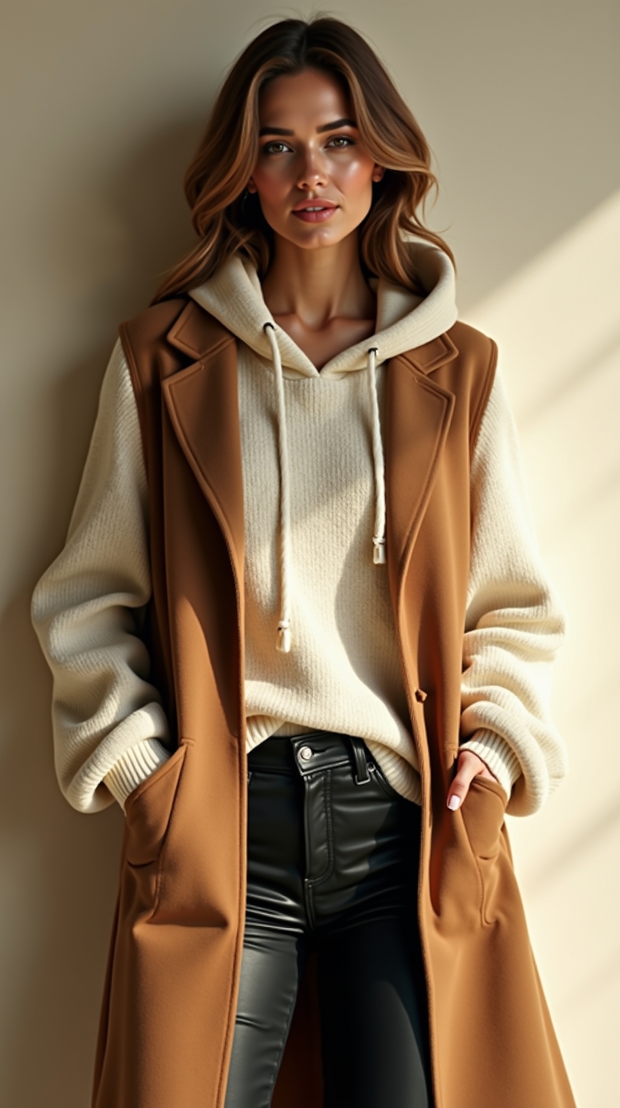 longline vest over hoodie