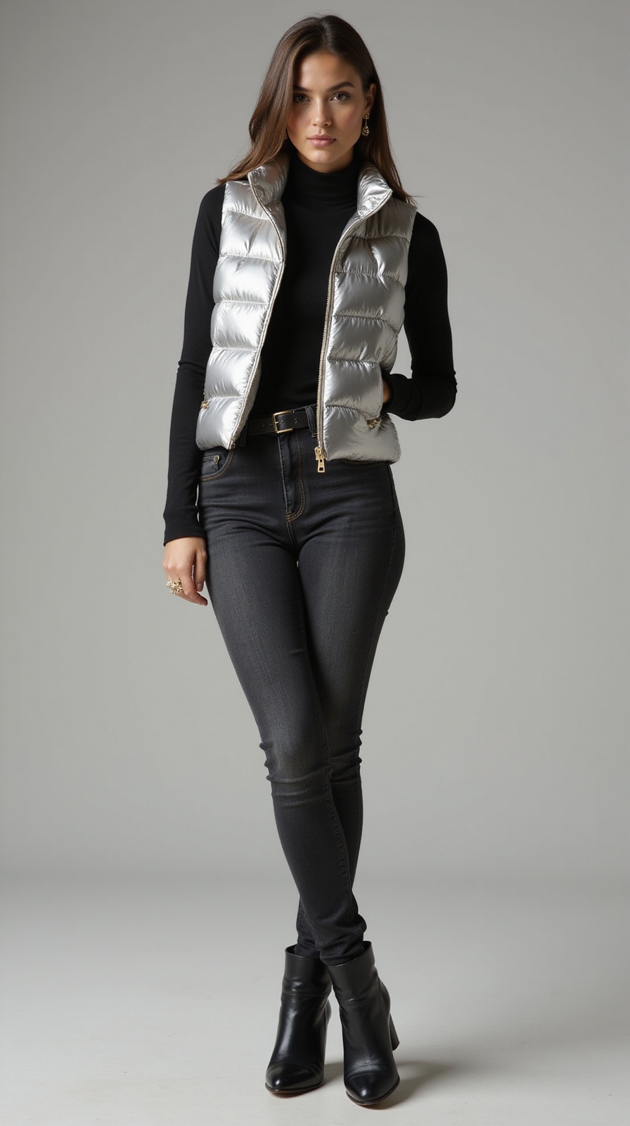 metallic puffer vest ensemble