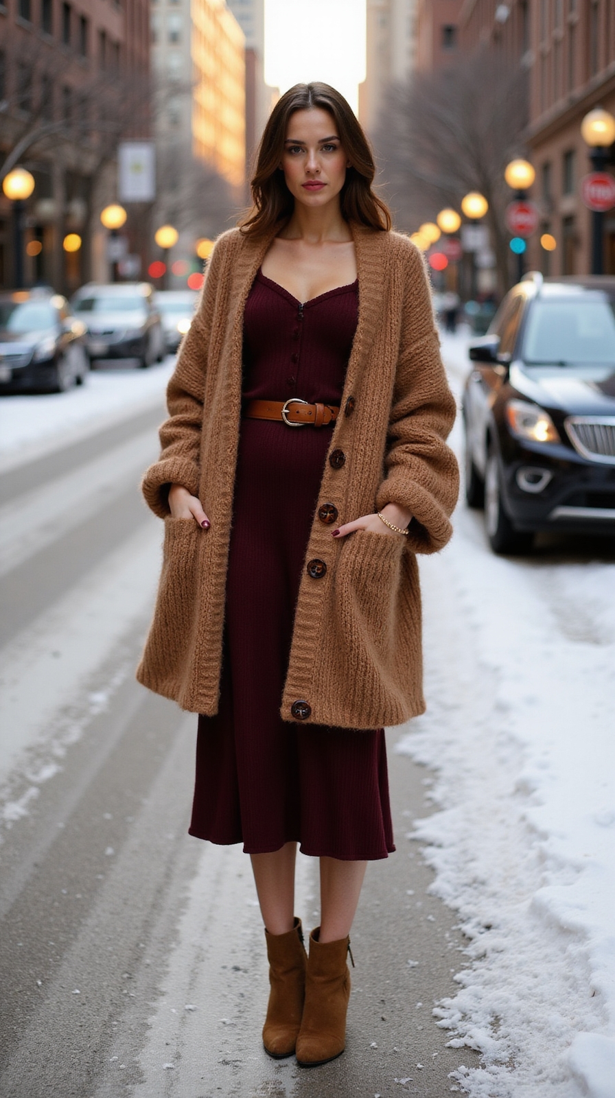oversized cardigan layered midi dress