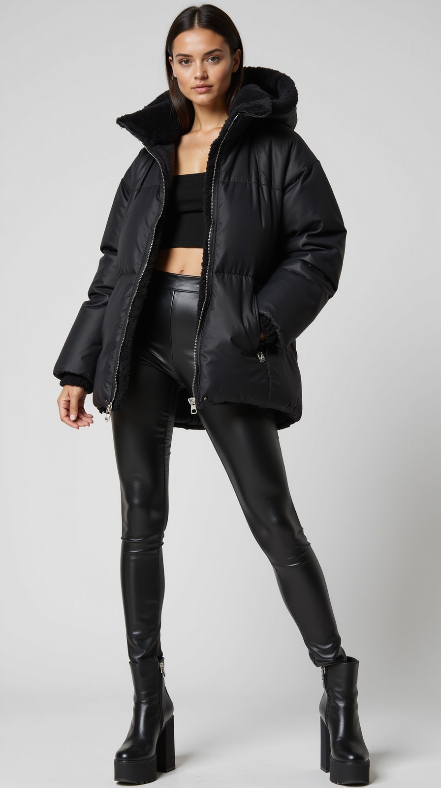 oversized puffer with faux leather