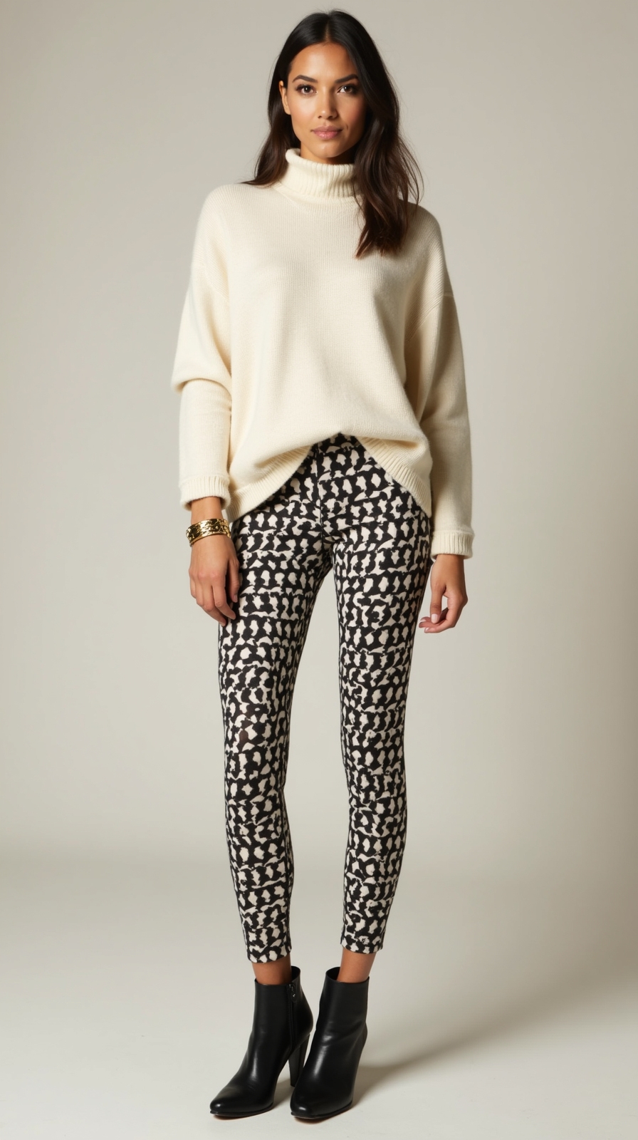 oversized turtleneck with patterned leggings