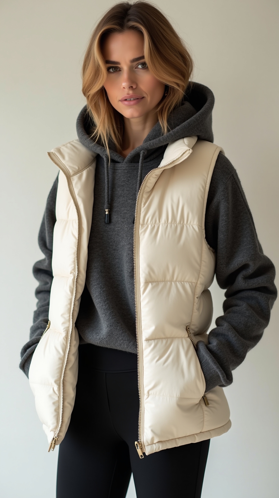 quilted vest over hoodie