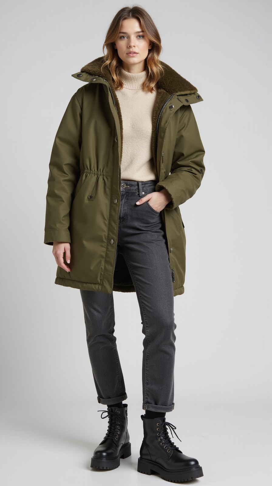 rugged boots meet oversized parka