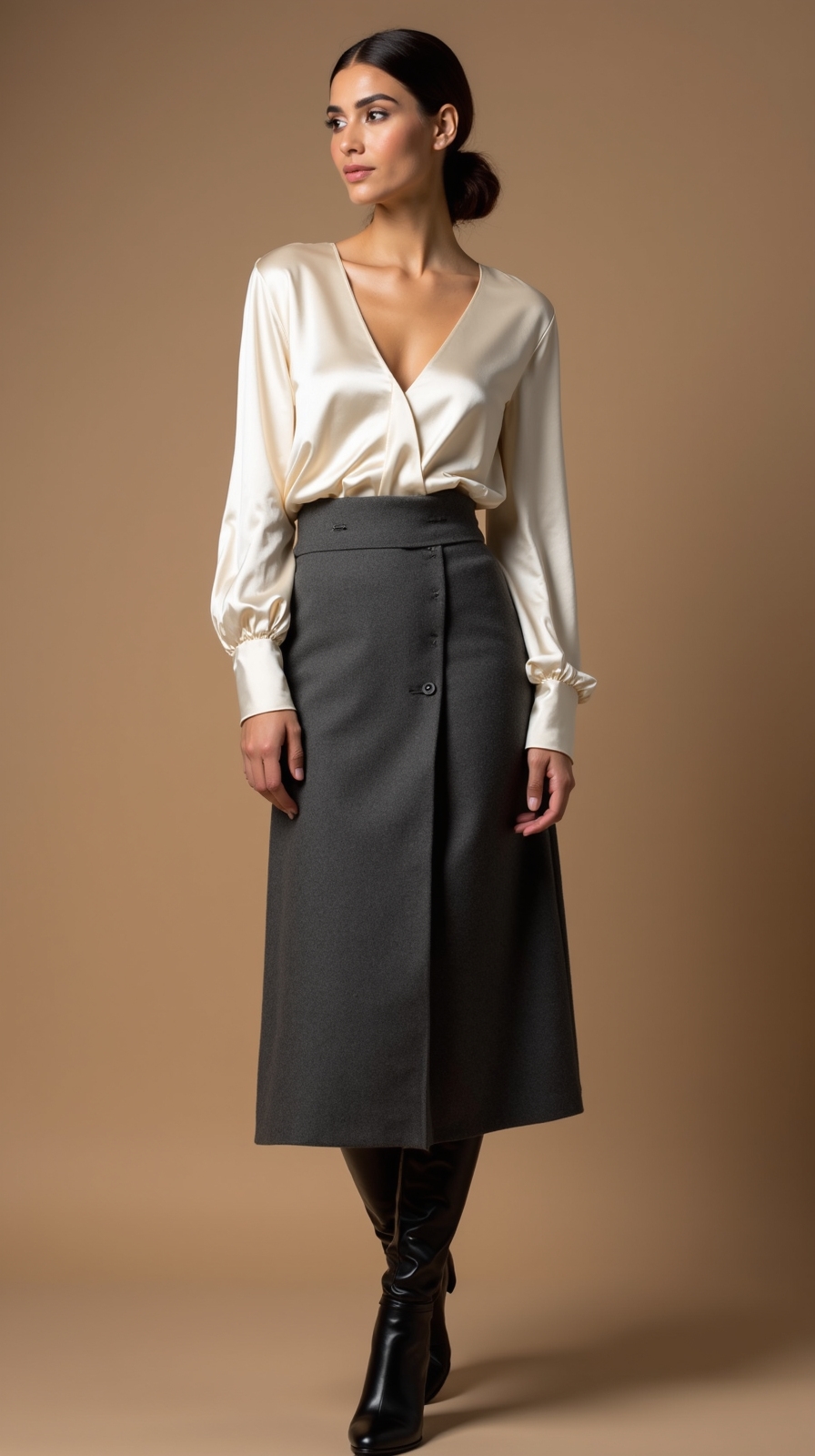 satin blouse a line skirt