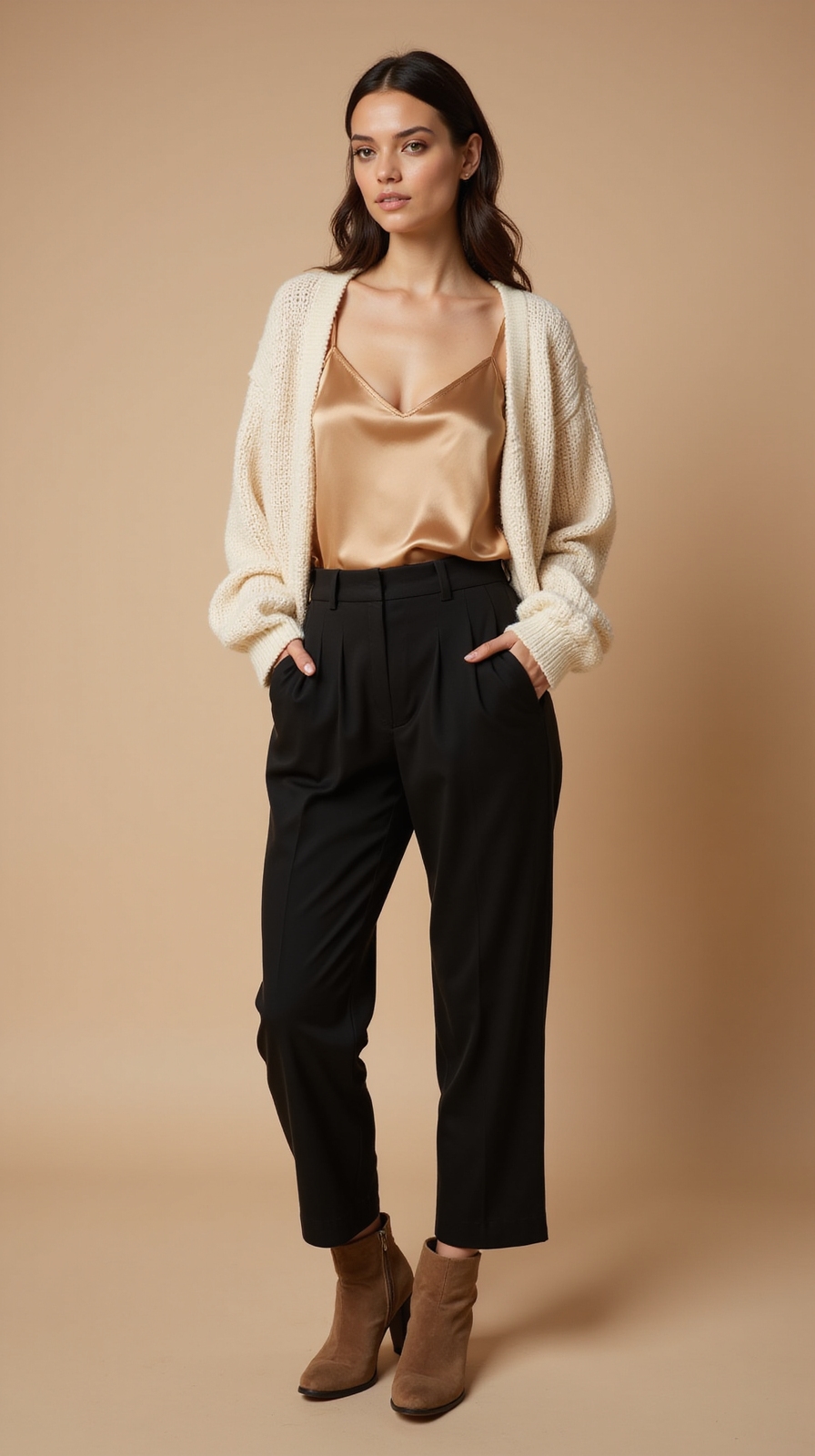 satin camisole beneath chunky knit