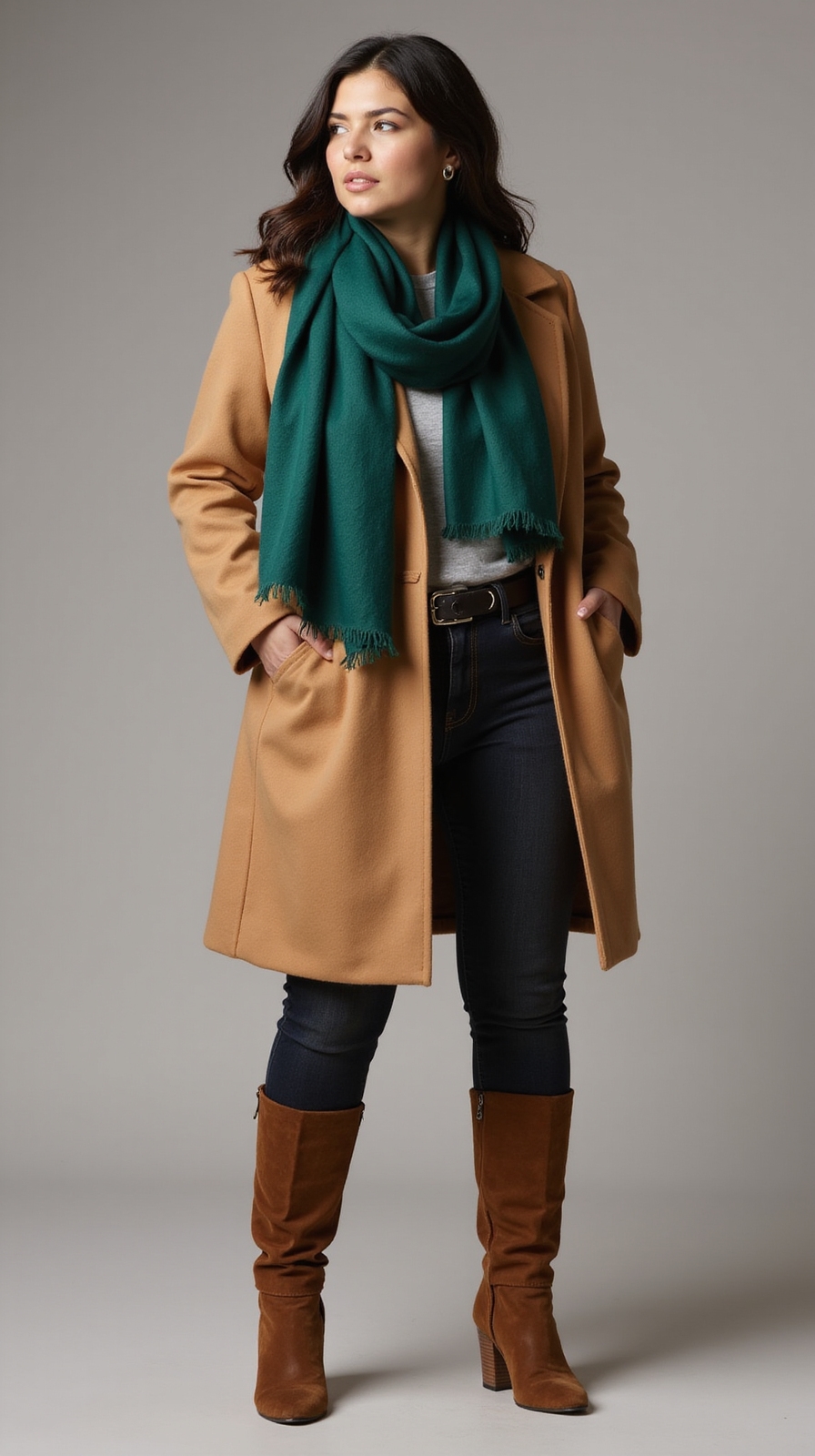 scarfed sweater dress with coat
