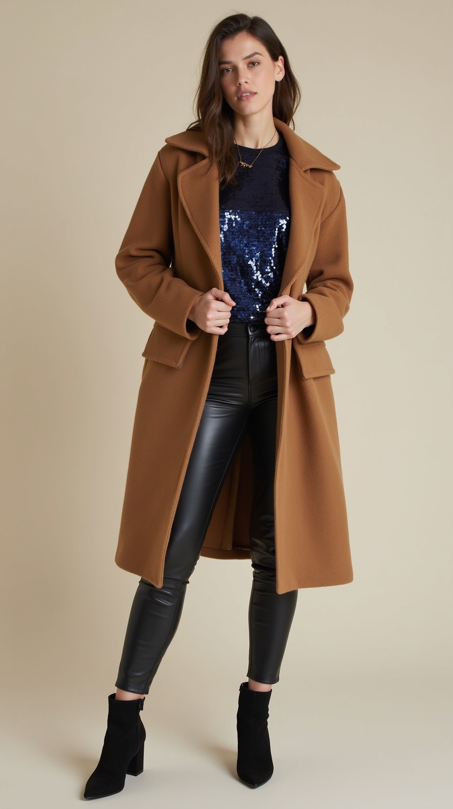 sequins peeking beneath coat