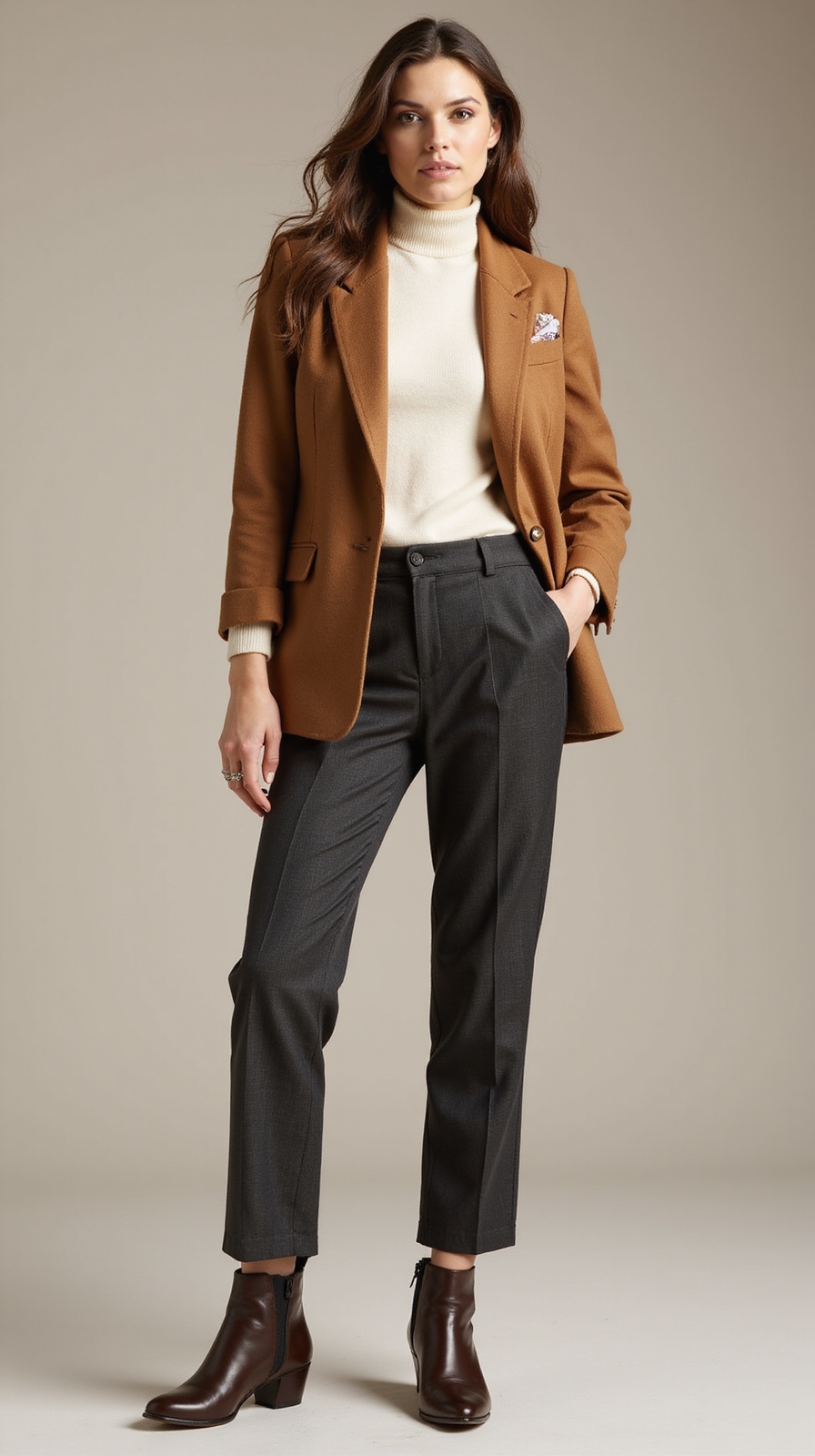 sharply tailored neutral winter blazer