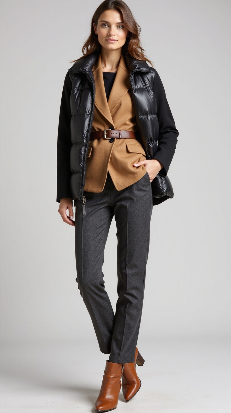 slim blazer under puffer