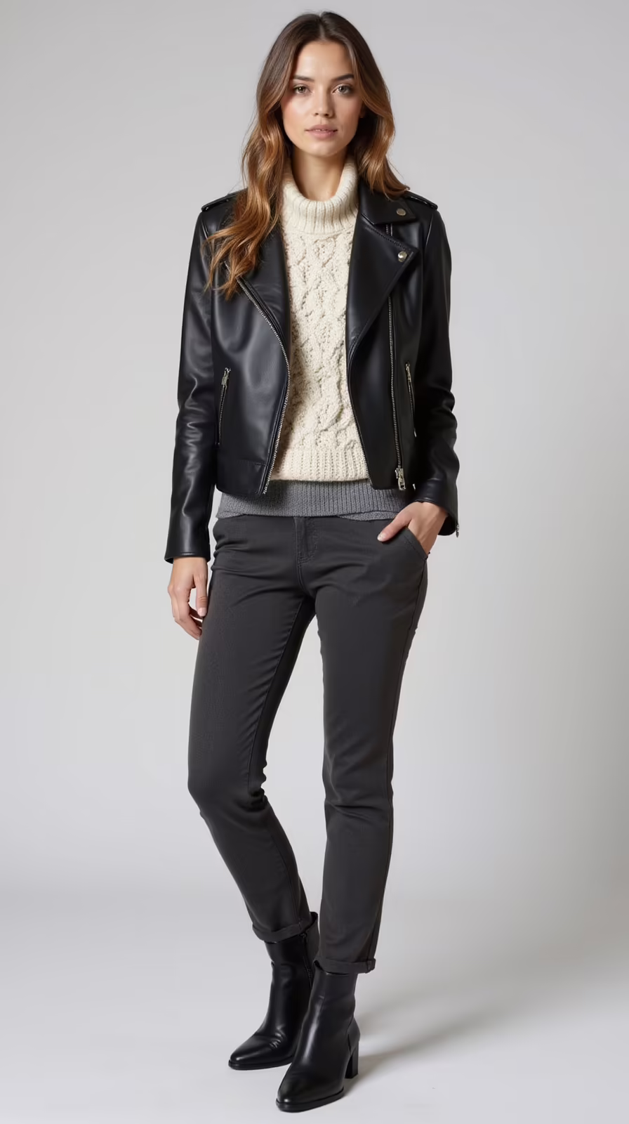 slim leather layered knitwear