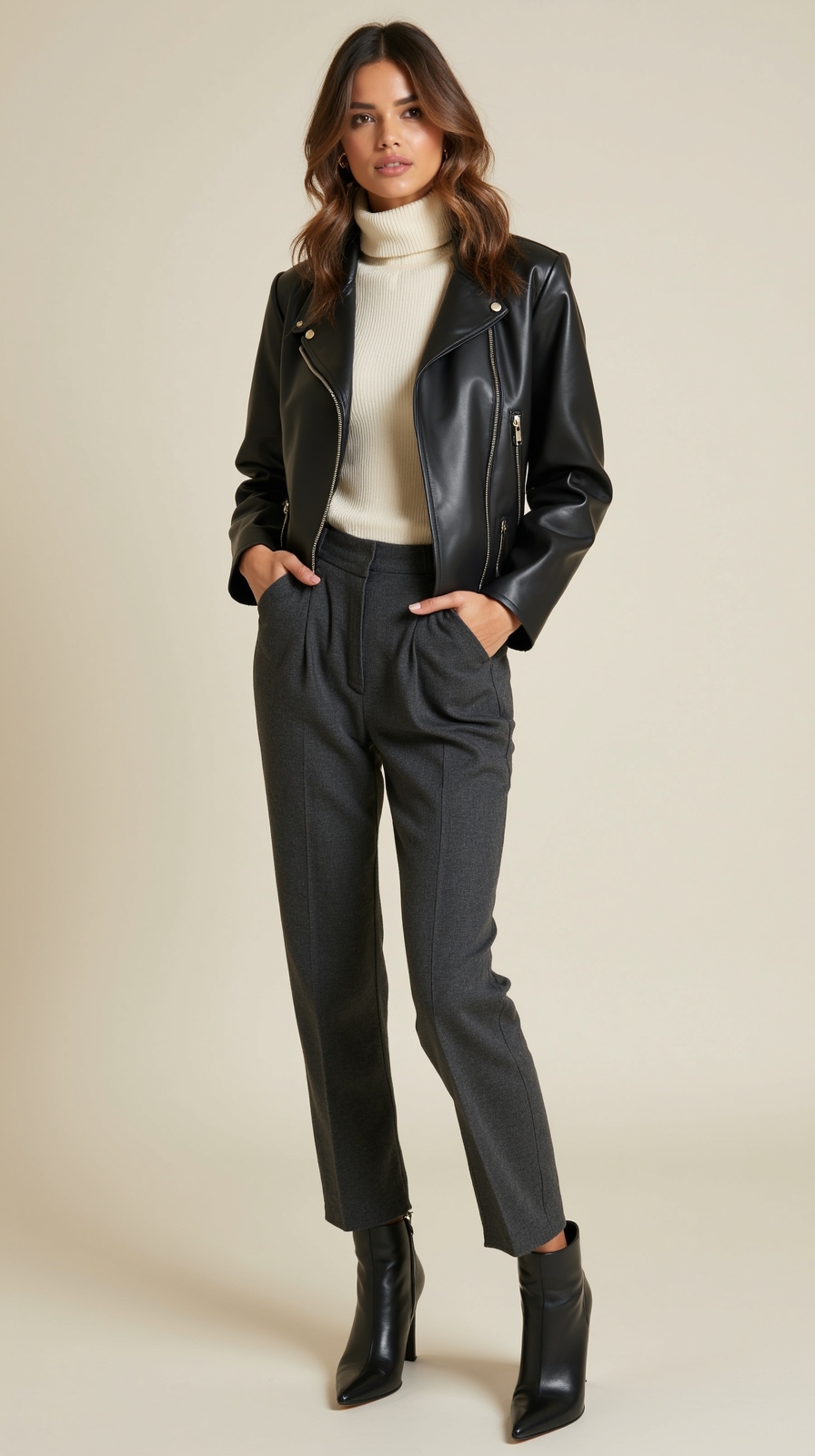 slim turtleneck under leather