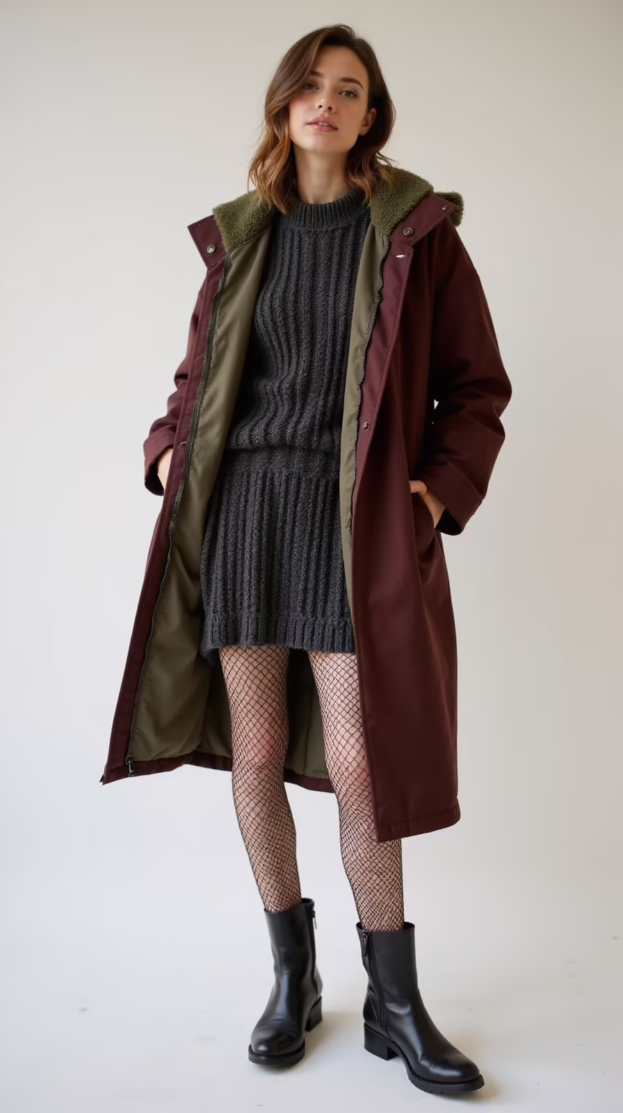 slouchy knit fishnet parka