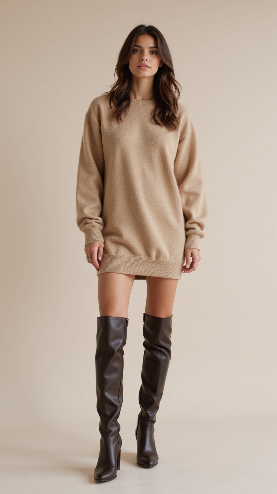 sweatshirt dress with tall boots