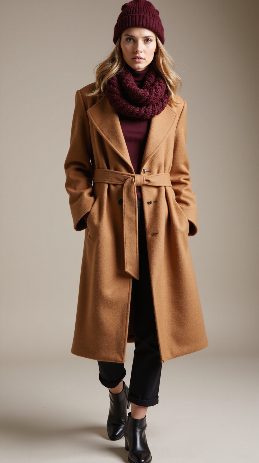 sweeping belted wool wrap