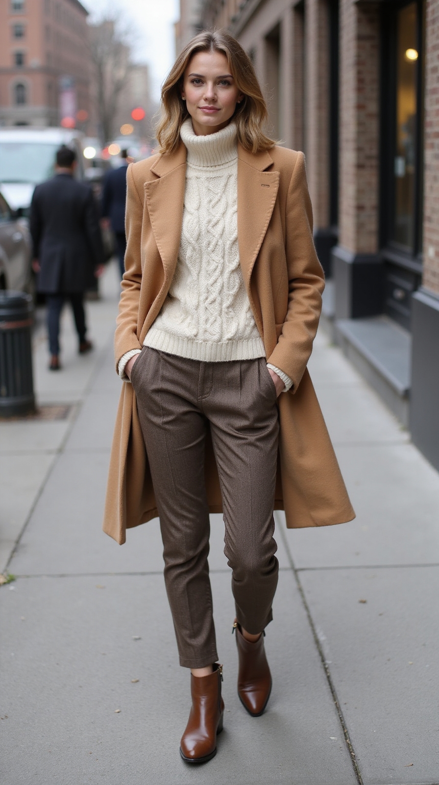 tailored camel coat ensemble