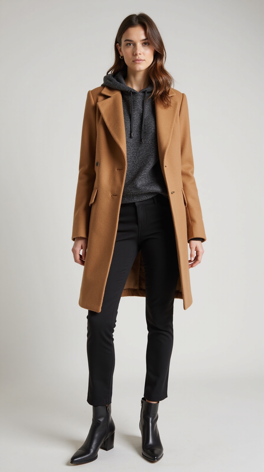 tailored coat over hoodie