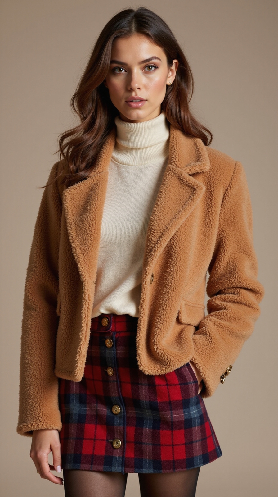 teddy jacket with plaid skirt