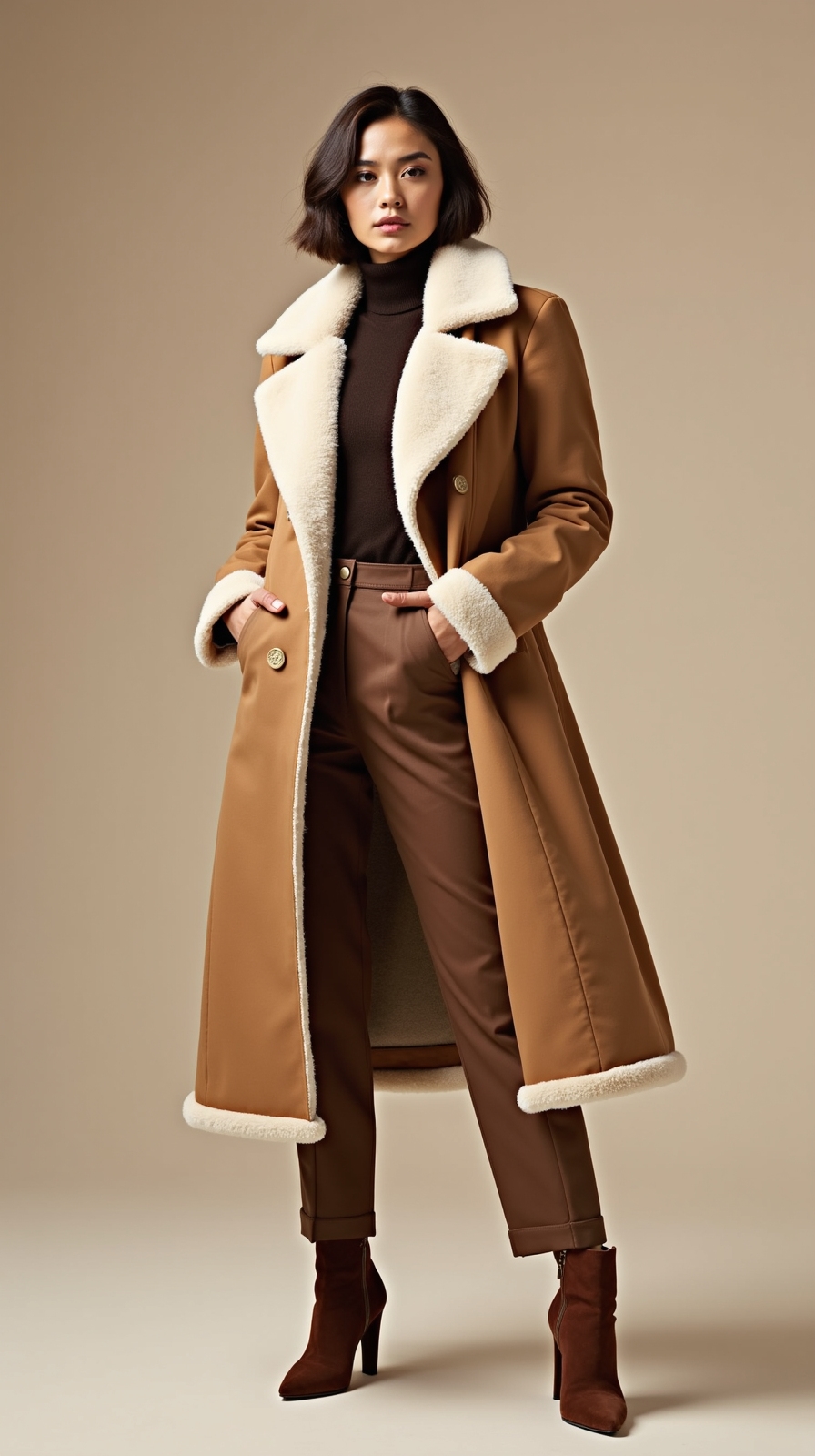textured neutral shearling layering