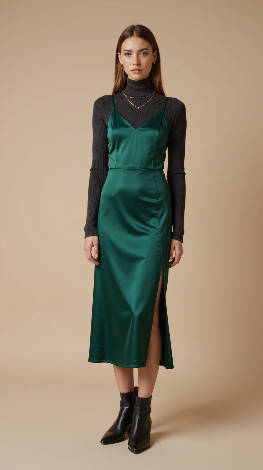 turtleneck layered under slip dress