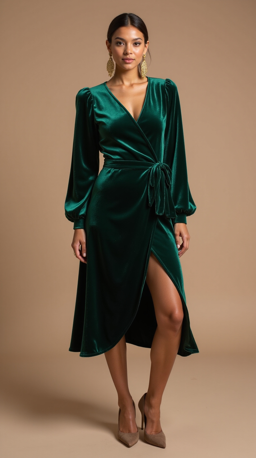 velvet wrap dress statement earrings