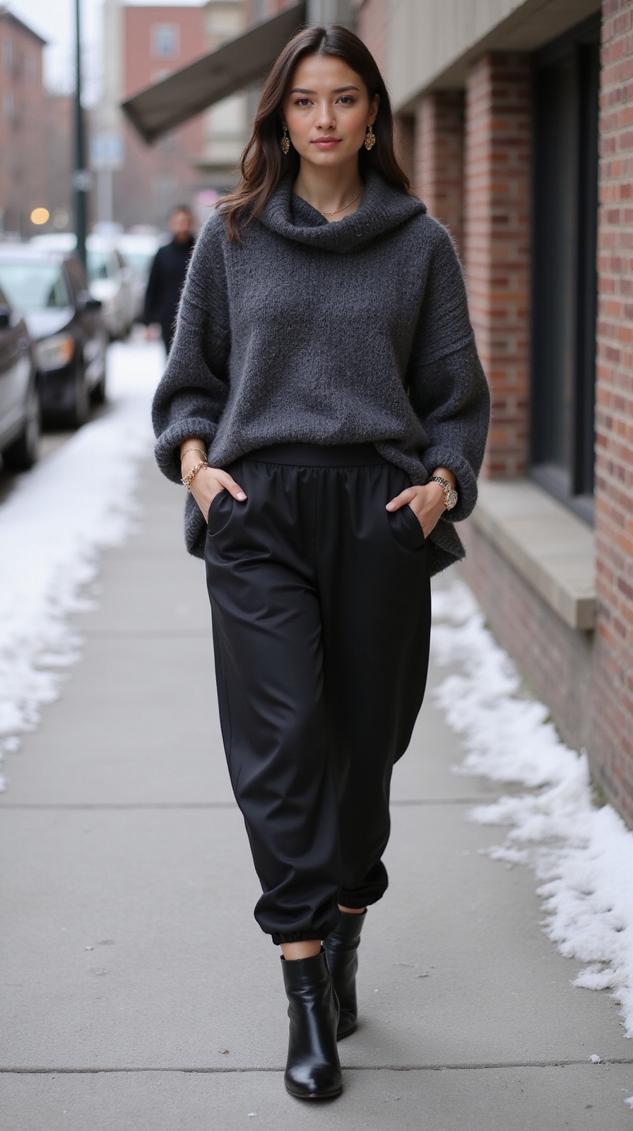 wool poncho over joggers