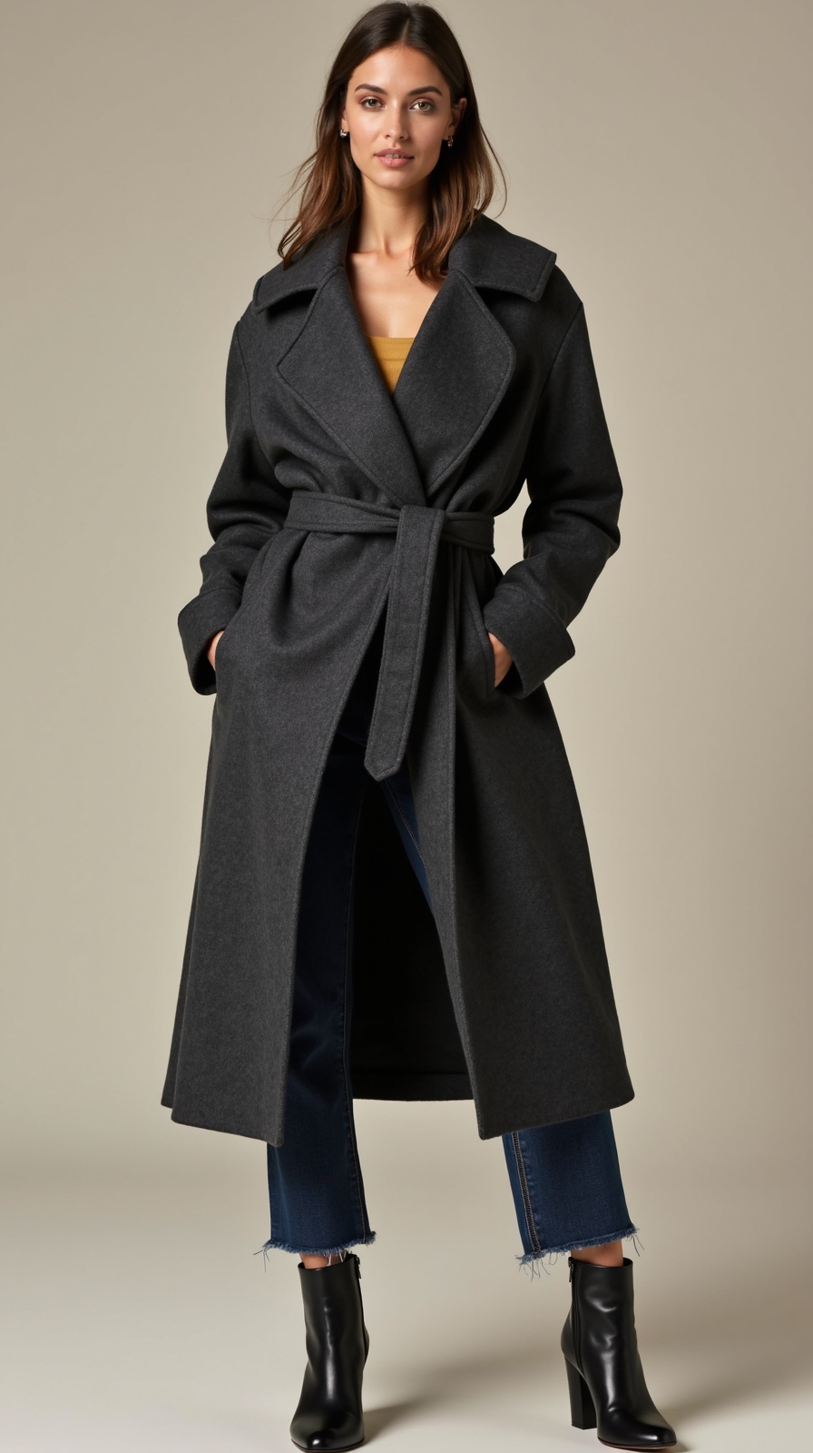 wool wrap coat with ankle boots