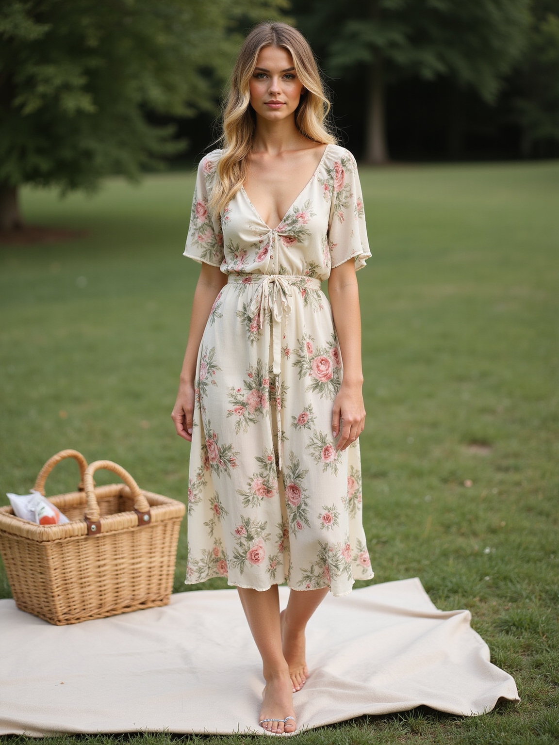 breathable floral midi picnic look