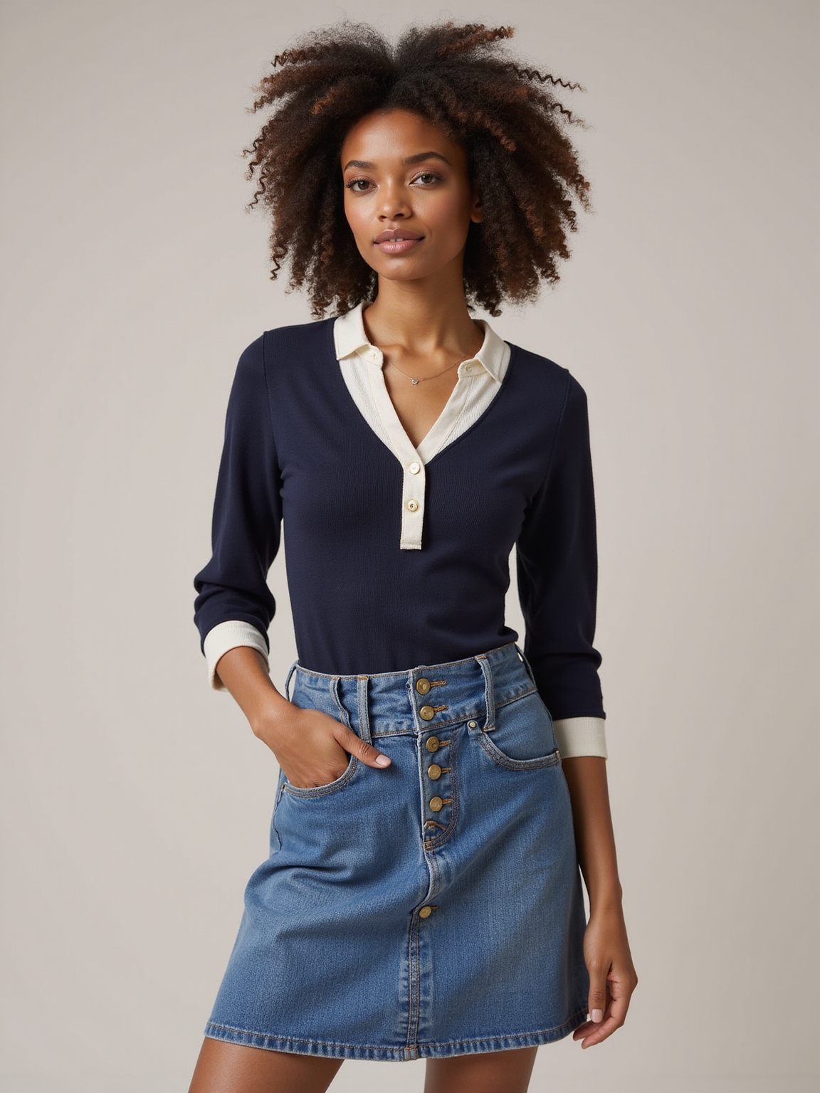 button front denim skirt ensemble