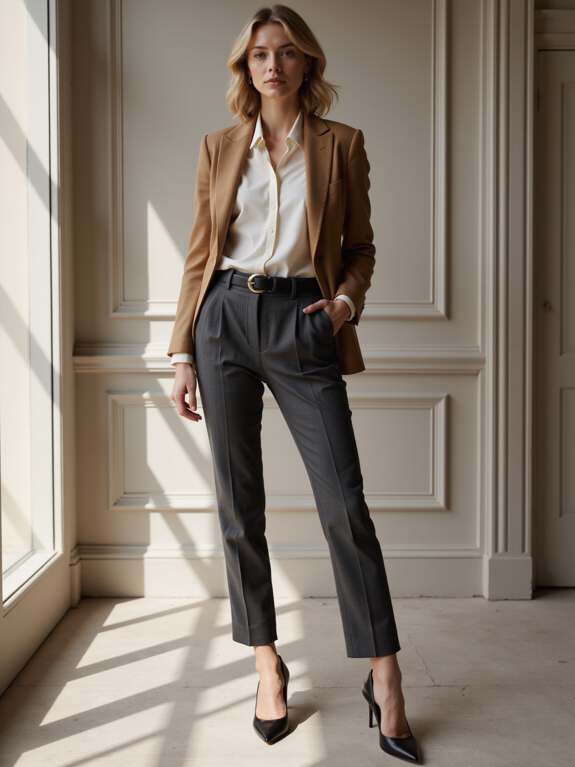 clean lined neutral tailored trousers