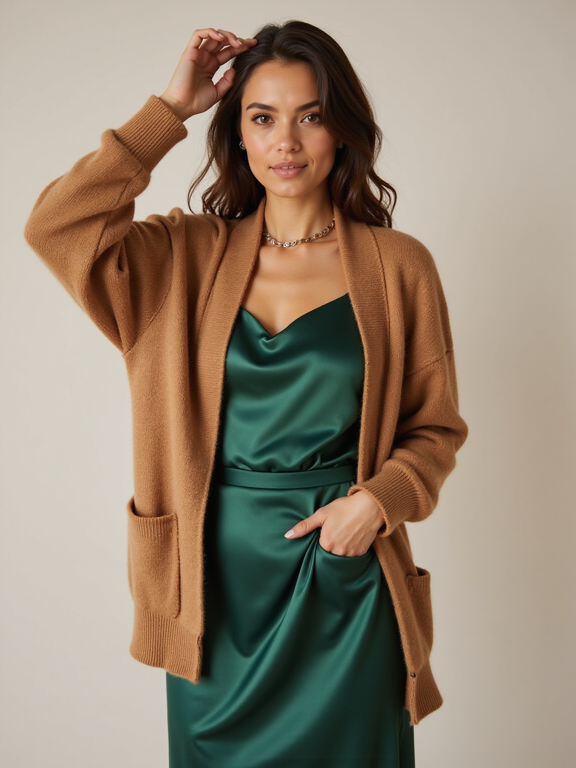 cozy oversized cardigan meets slipdress