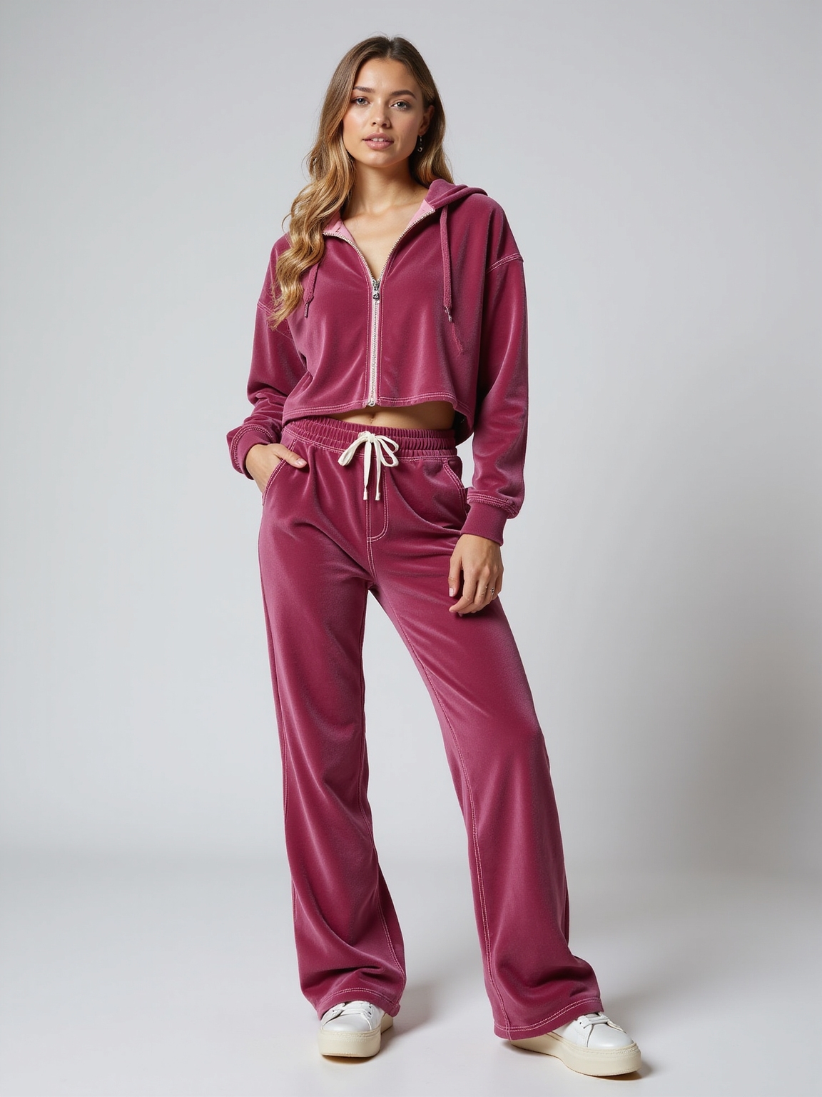 cozy velour tracksuit meets platforms