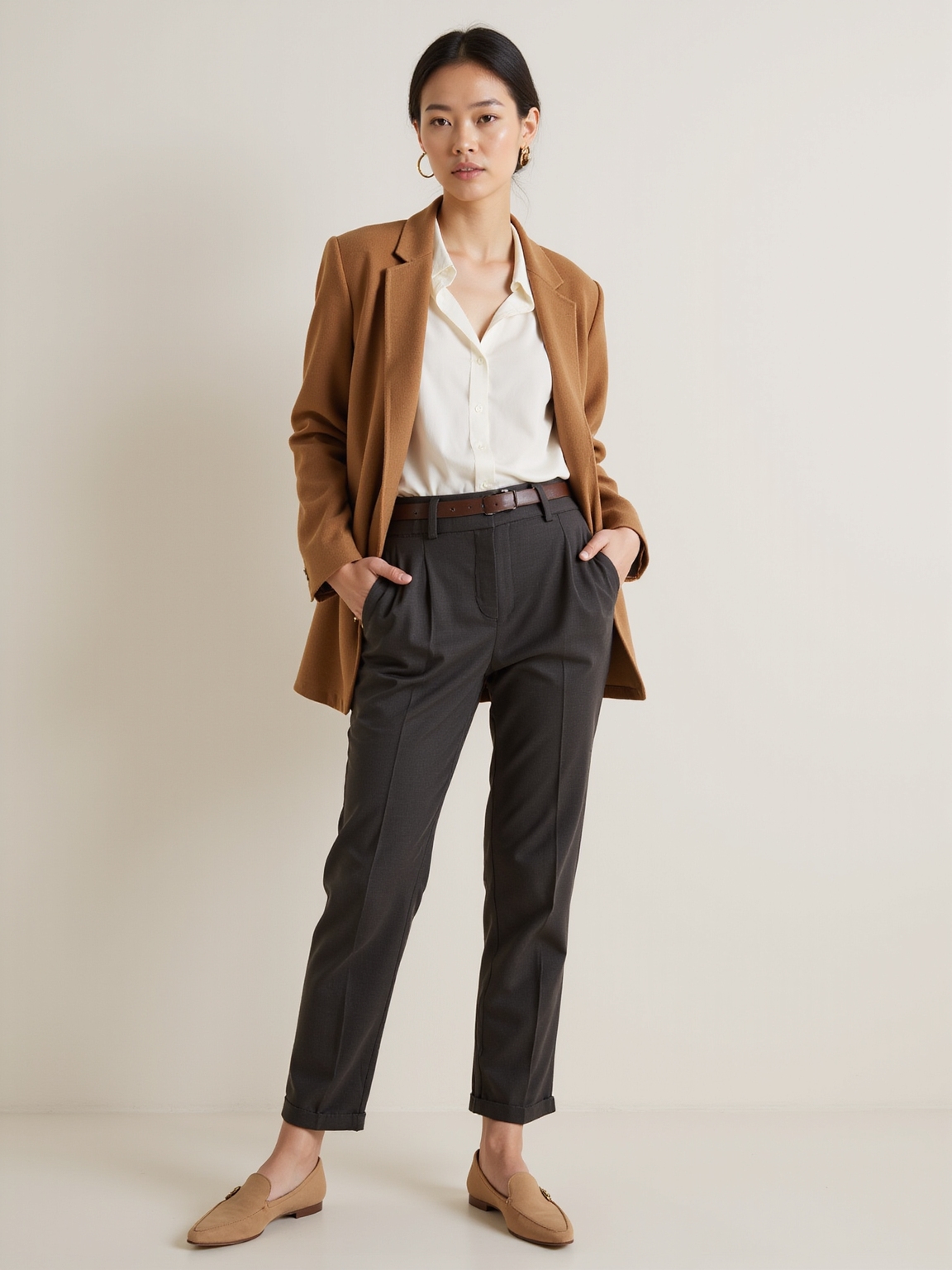 crisp button up tucked trousers