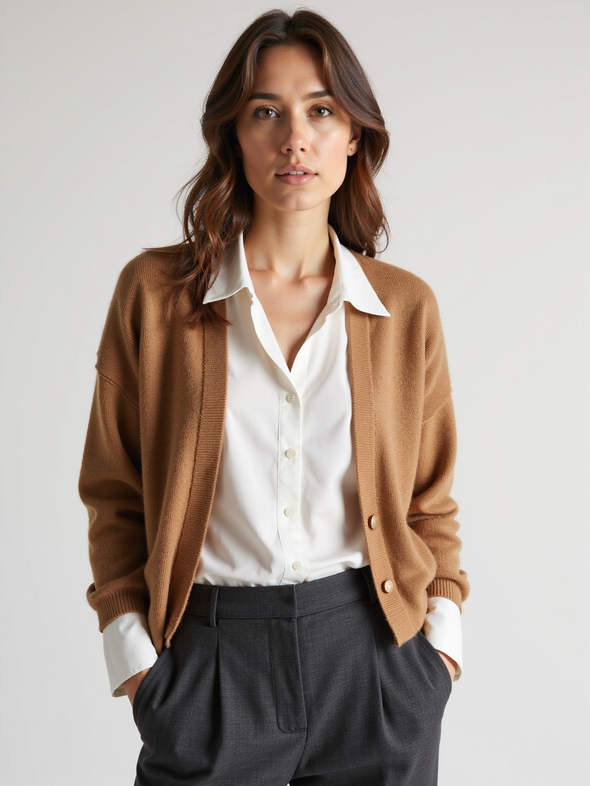 crisp collared cardigan layered neutrals
