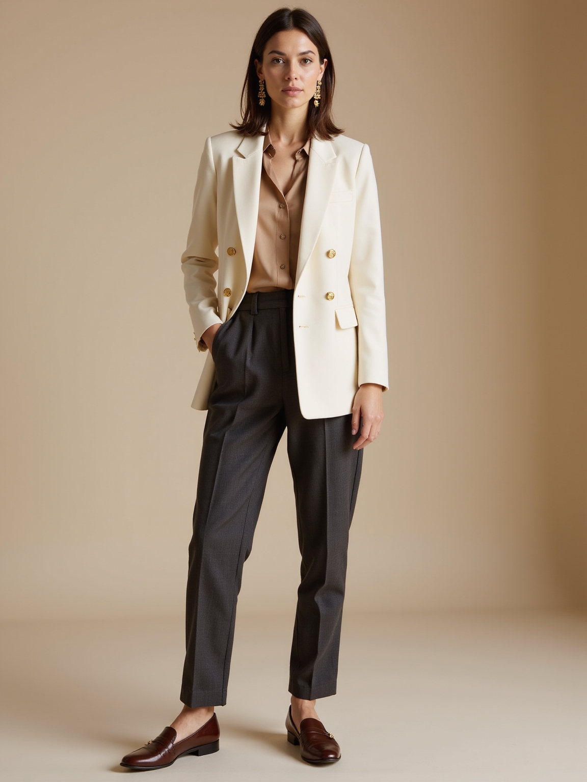 crisp tailored neutral power suit
