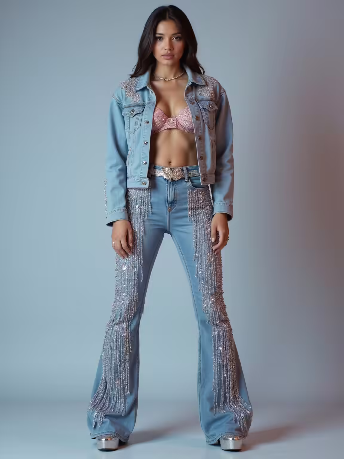 crystallized denim accents and styling