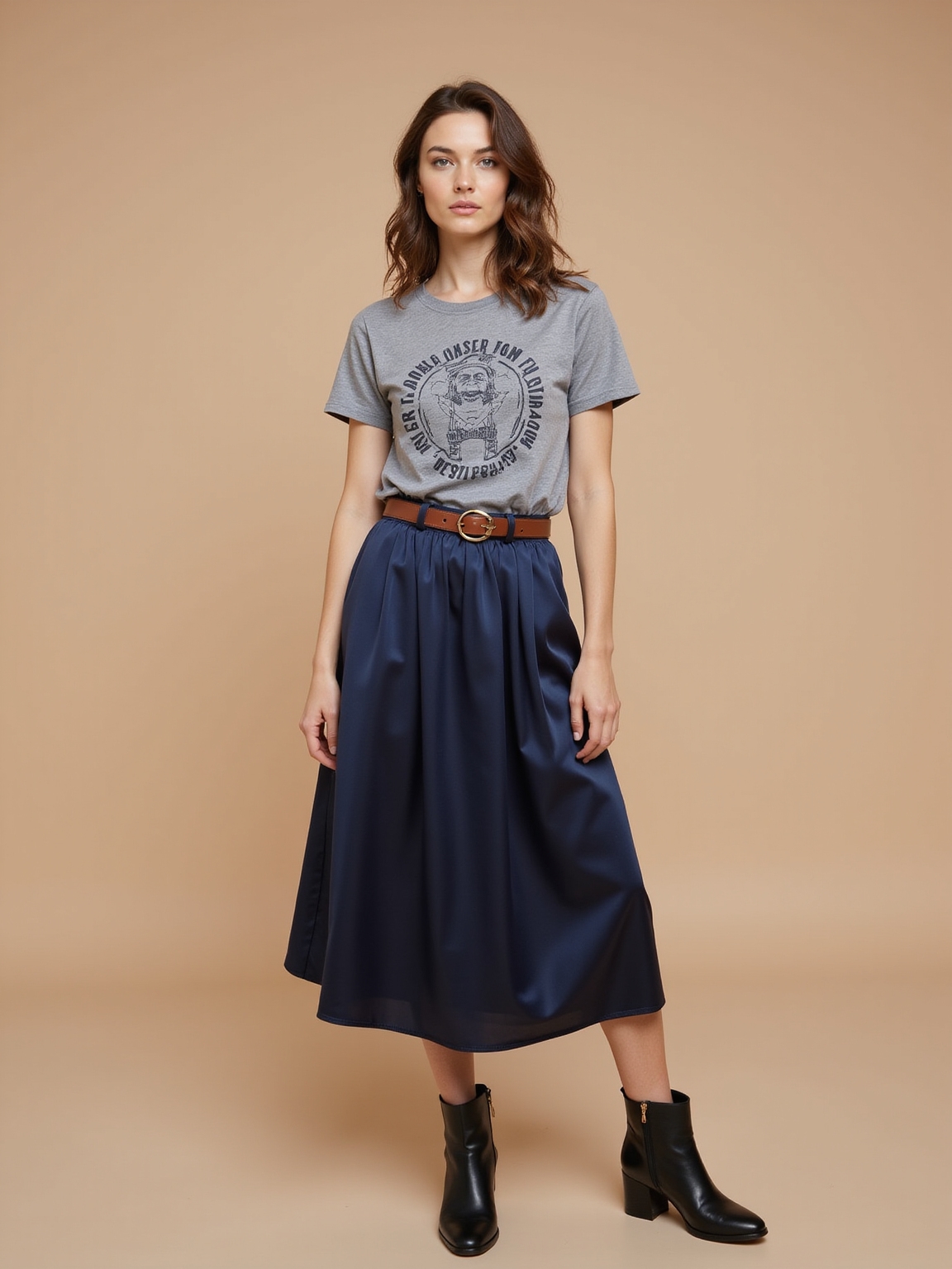 graphic tee tucked midi skirt