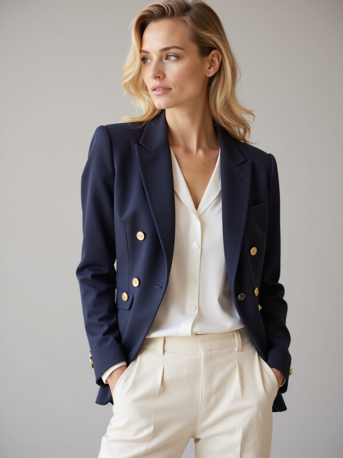 navy blazer with white separates