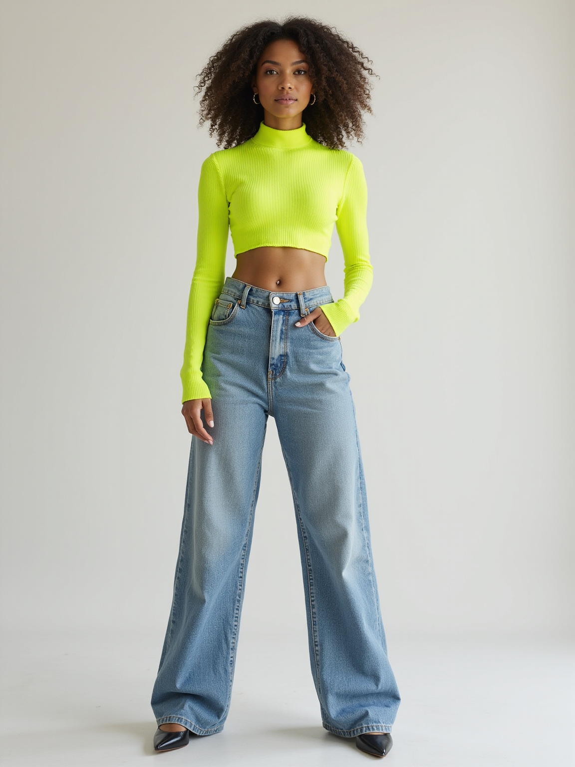 neon tops with oversized denim