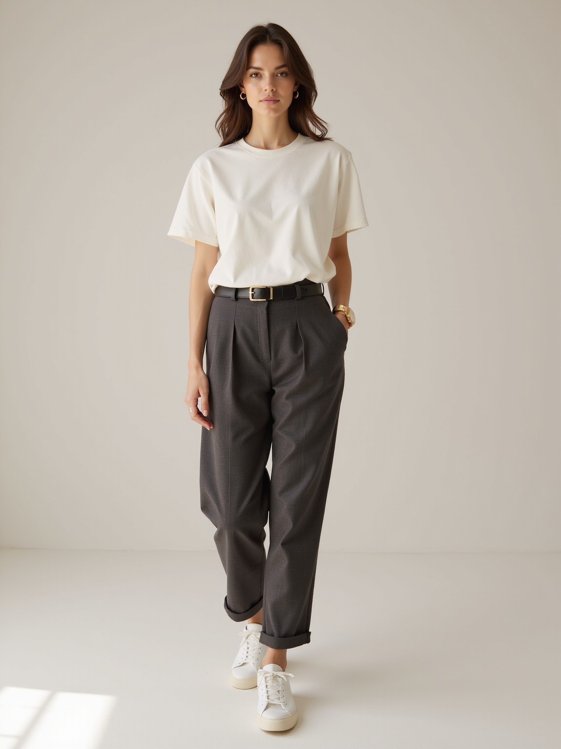 perfect tee draped trouser sneakers