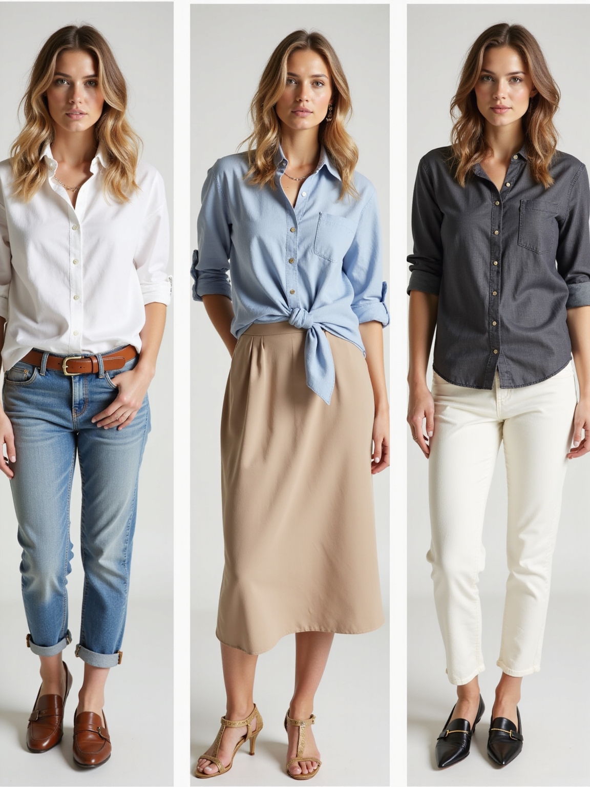 relaxed button down outfit trio