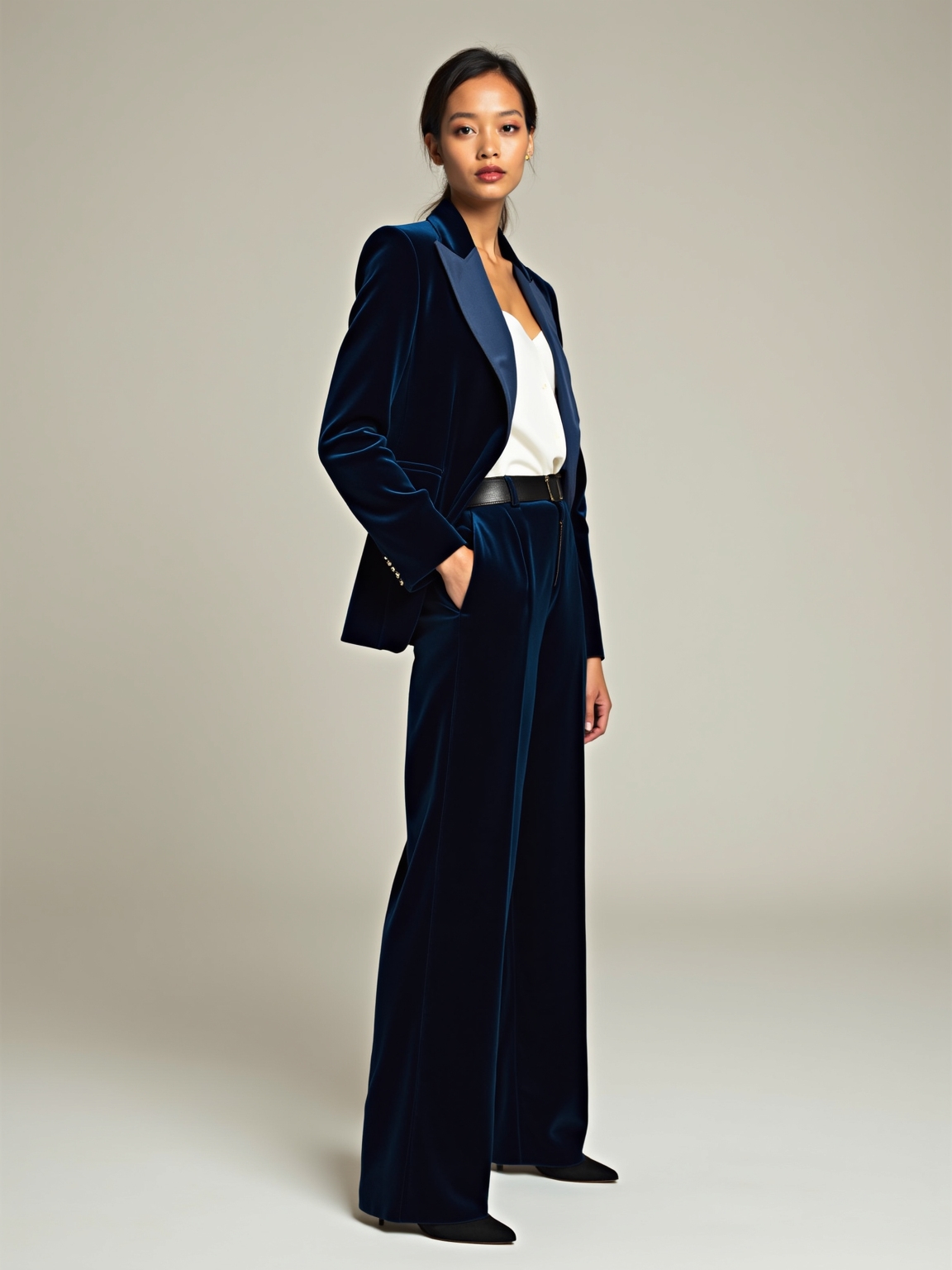 sharply tailored evening suiting