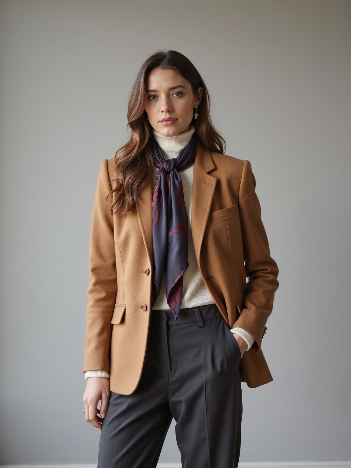 silk scarf with tailored blazer