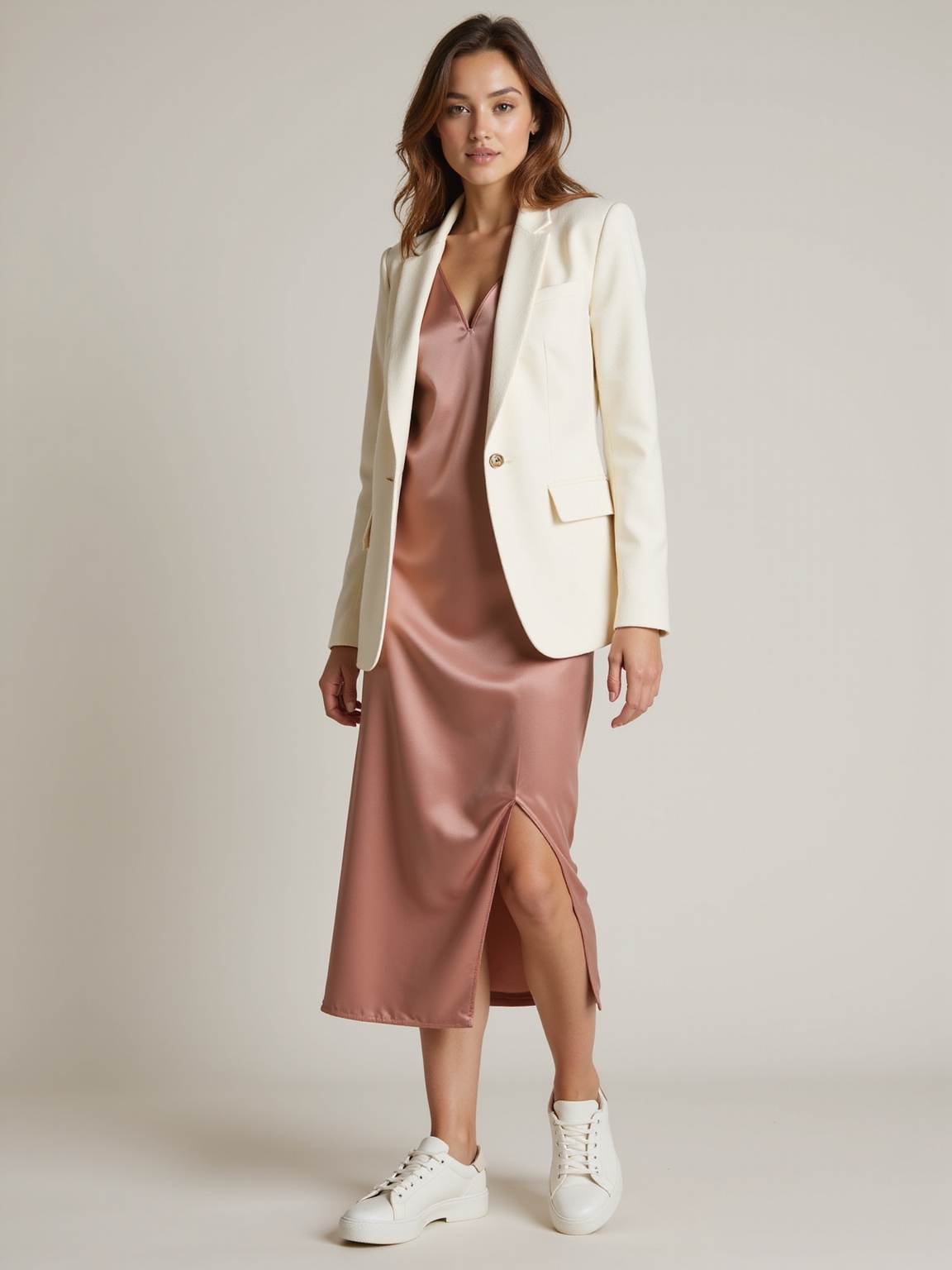 silk slip dress with blazer
