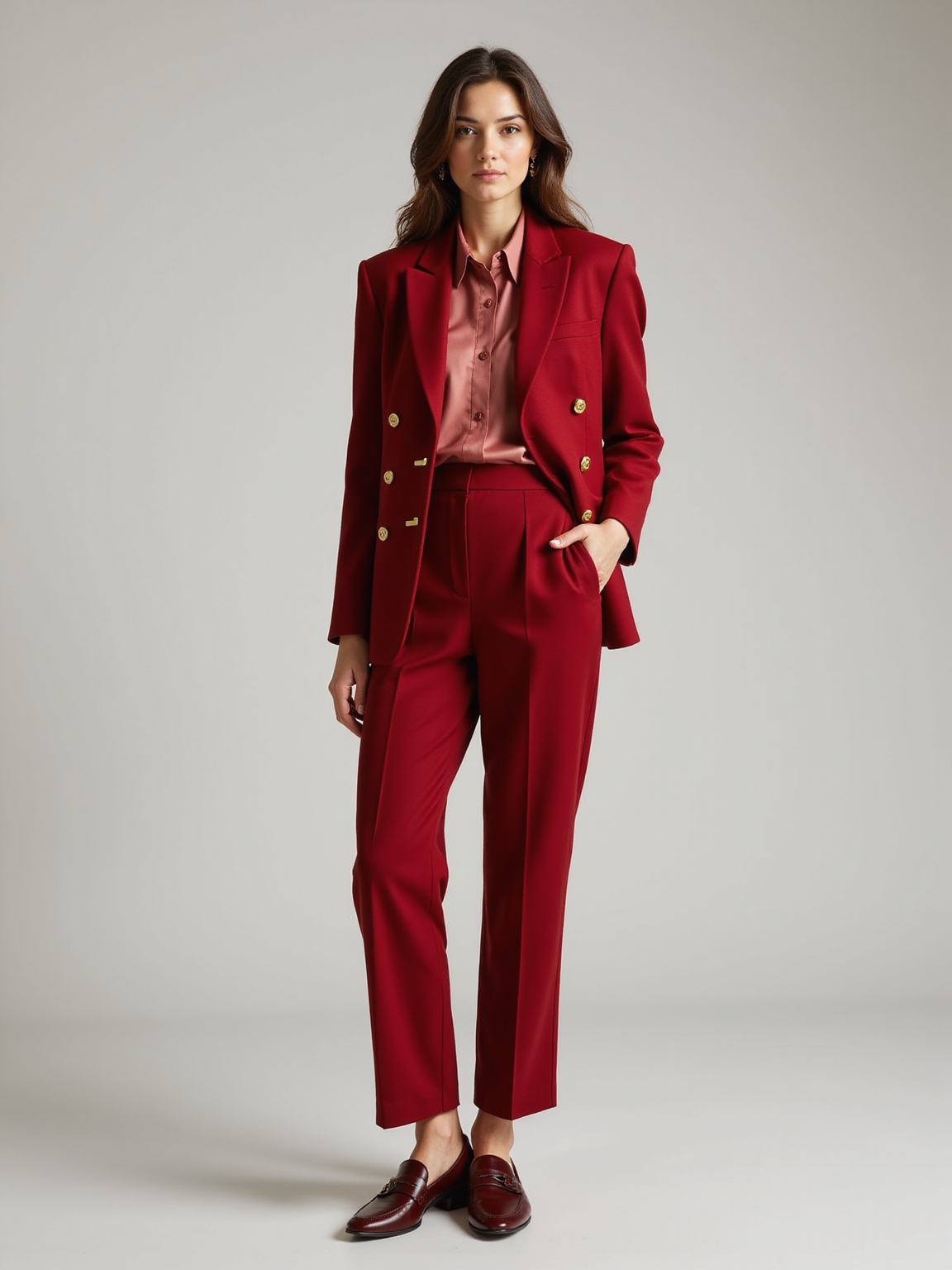 structured crimson coat ensemble