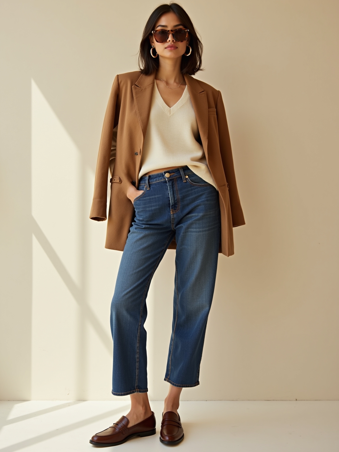tailored jeans loafers scarf