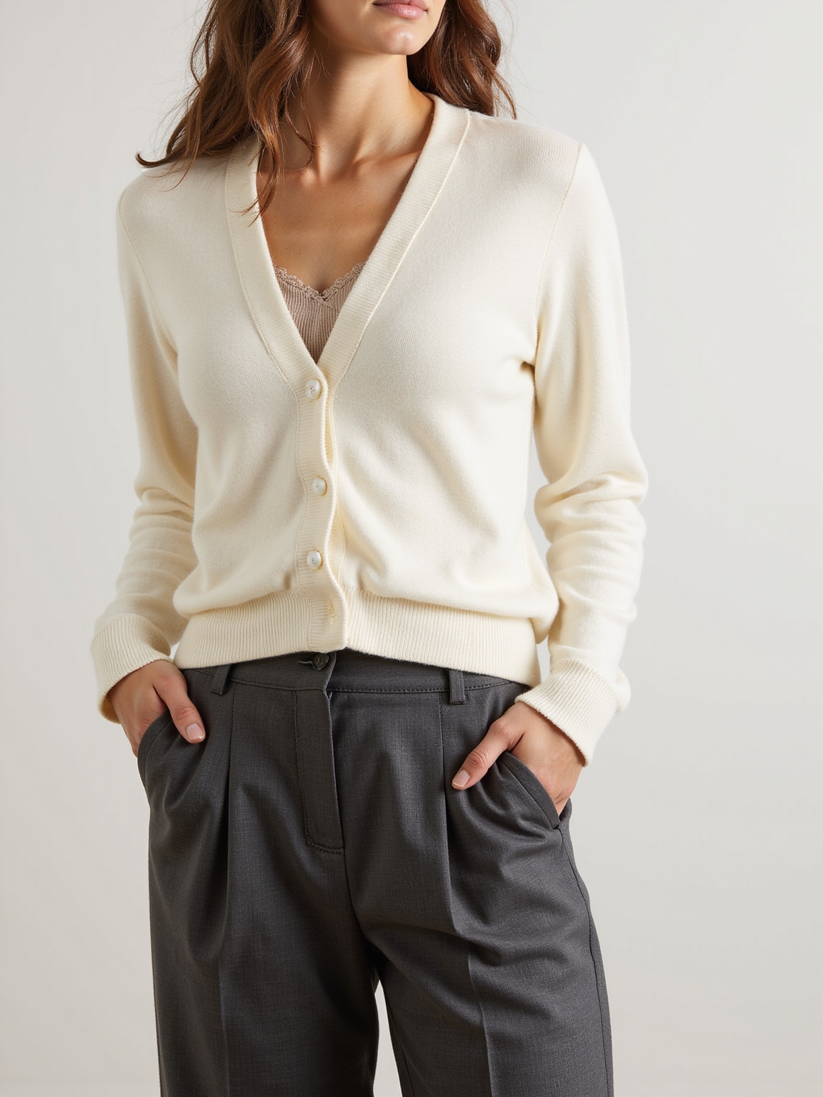 v neck cardigan with trousers