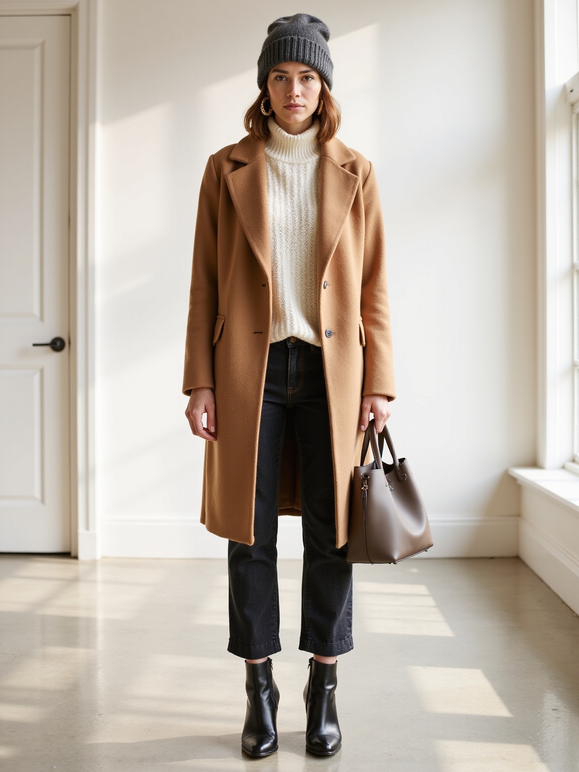 wool coat sneakers beanie
