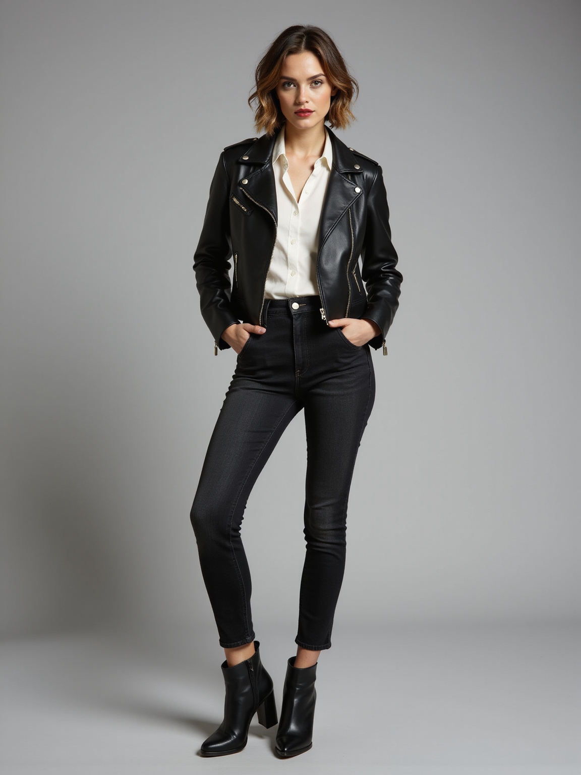 worn leather jacket ensemble