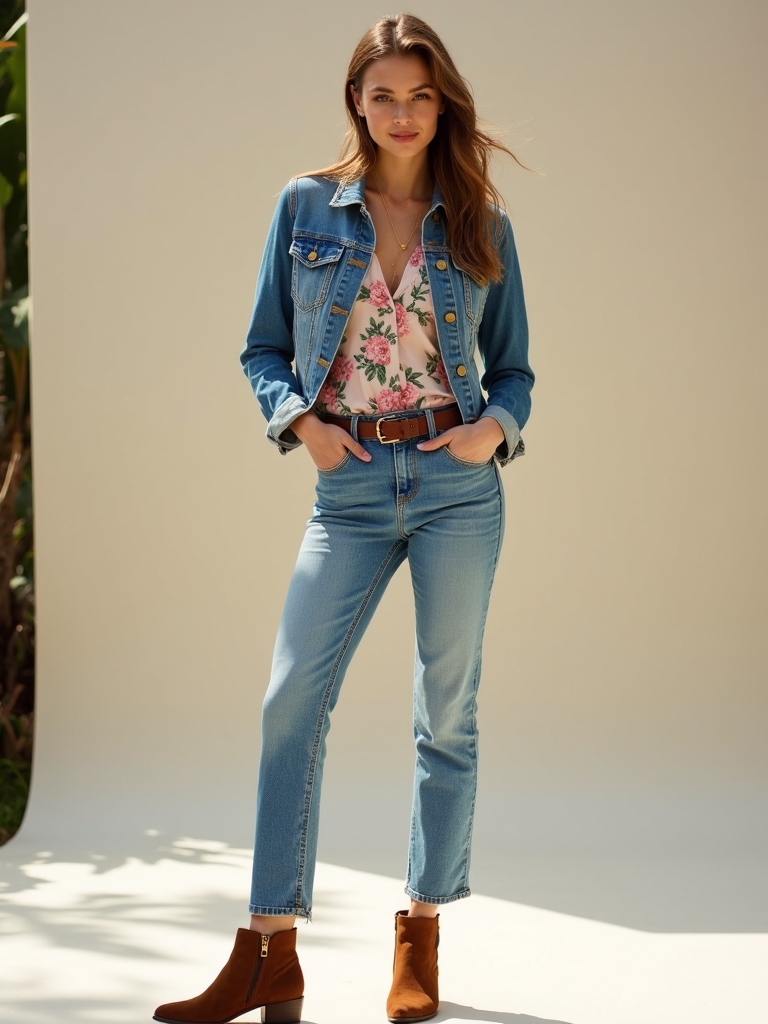 denim floral spring outfit
